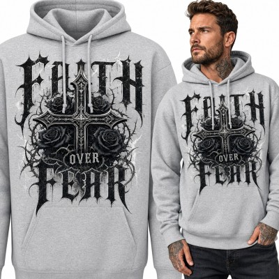 Bluza męska z kapturem - gotycki krzyż z czarnymi różami „Faith over Fear”