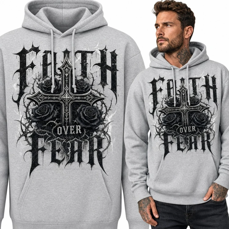 Bluza męska z kapturem - gotycki krzyż z czarnymi różami „Faith over Fear”