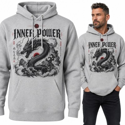 Bluza męska z kapturem - japoński smok w chmurach „Inner Power”