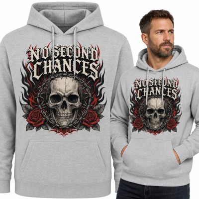 Bluza męska z kapturem - czaszka w drucie kolczastym z różami „No second chances”