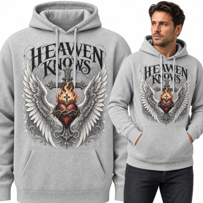 Bluza męska z kapturem - gorejące serce w cierniach i anielskie skrzydła „Heaven Knows”