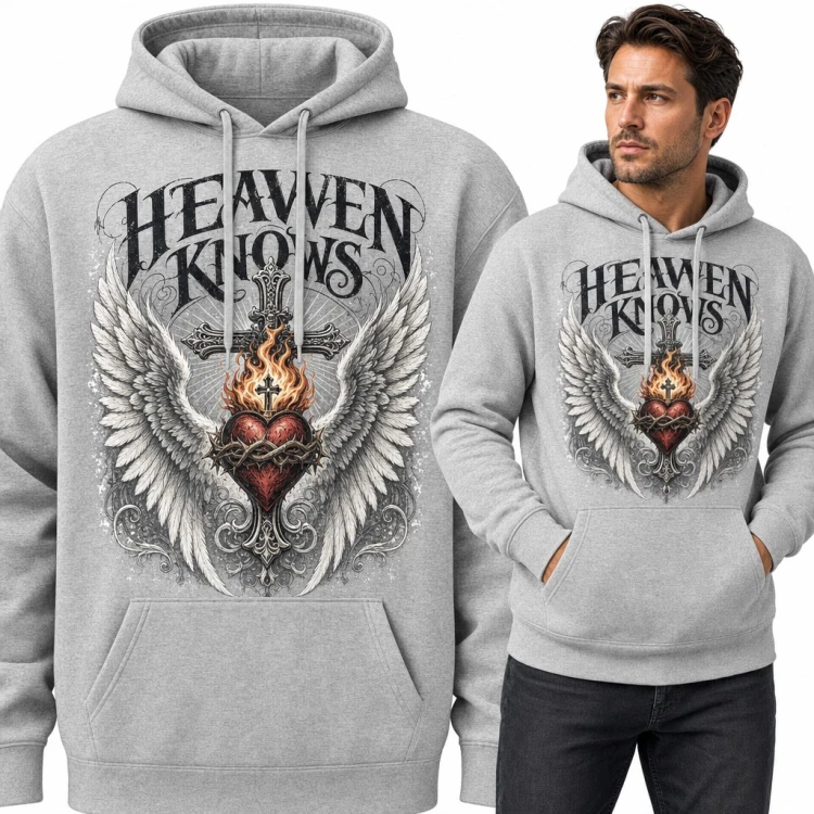 Bluza męska z kapturem - gorejące serce w cierniach i anielskie skrzydła „Heaven Knows”