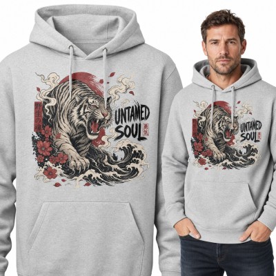 Bluza męska z kapturem - ryczący tygrys w japońskim stylu „Untamed soul”