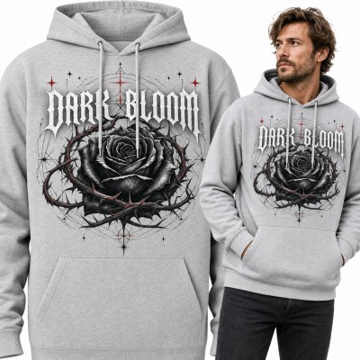 Bluza męska z kapturem - czarna róża w cierniach i gotycki napis „Dark Bloom”