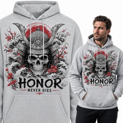 Bluza męska z kapturem - czaszka samuraja w hełmie kabuto „Honor never dies”