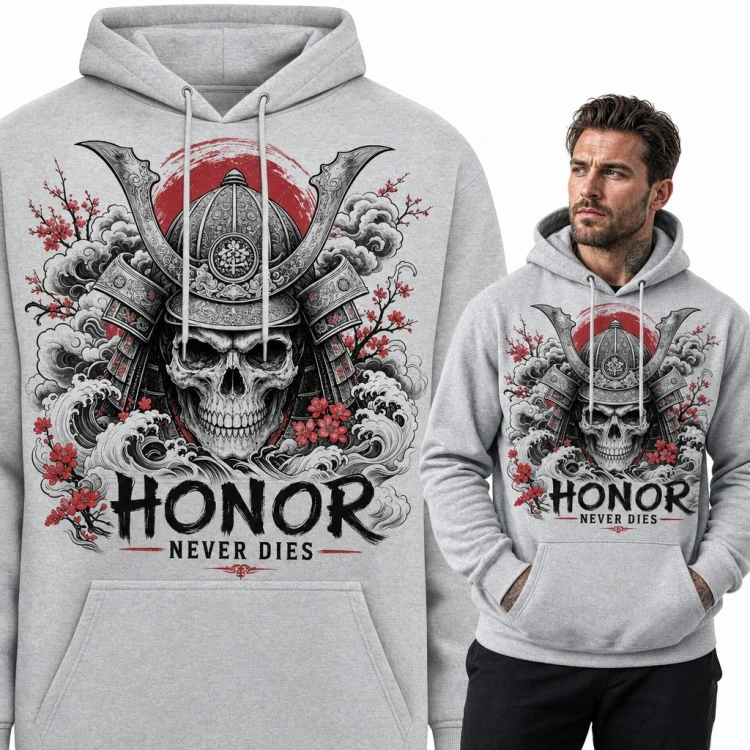 Bluza męska z kapturem - czaszka samuraja w hełmie kabuto „Honor never dies”