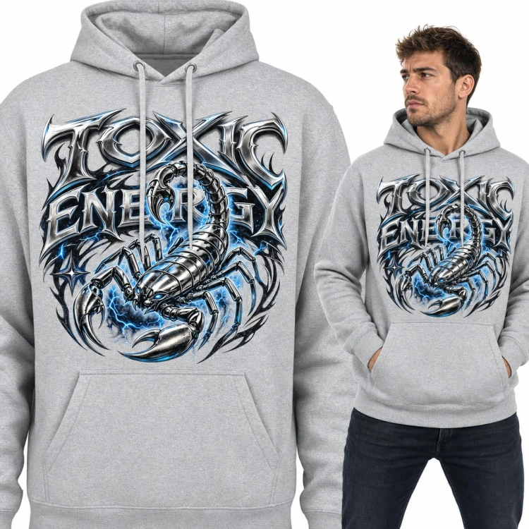 Bluza męska z kapturem - chromowany skorpion i napis „Toxic Energy”