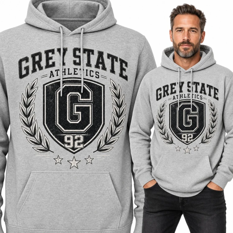 Bluza męska z kapturem - „Grey State Athletics” herb college z literą G i laurami