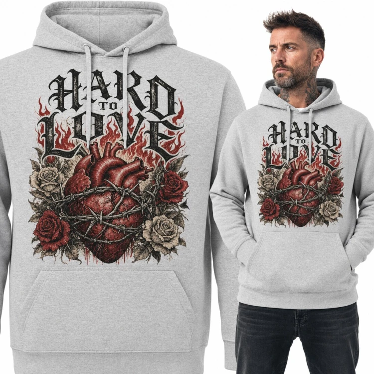 Bluza męska z kapturem - anatomiczne serce w drucie kolczastym „Hard to love”