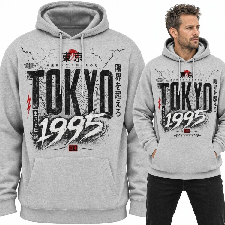 Bluza męska z kapturem „Tokyo 1995” - japońskie znaki i streetwearowy grunge