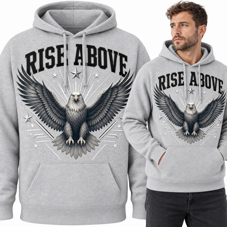 Bluza męska z kapturem - orzeł z rozpostartymi skrzydłami i napis „Rise Above”