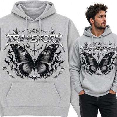 Bluza męska z kapturem - czarny motyl i chromowany napis „Transform” w stylu Y2K