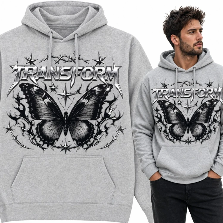 Bluza męska z kapturem - czarny motyl i chromowany napis „Transform” w stylu Y2K