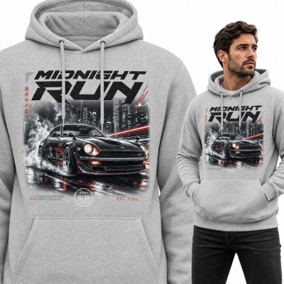 Bluza męska z kapturem - „Midnight Run” klasyczne japońskie auto JDM w nocnym Tokio