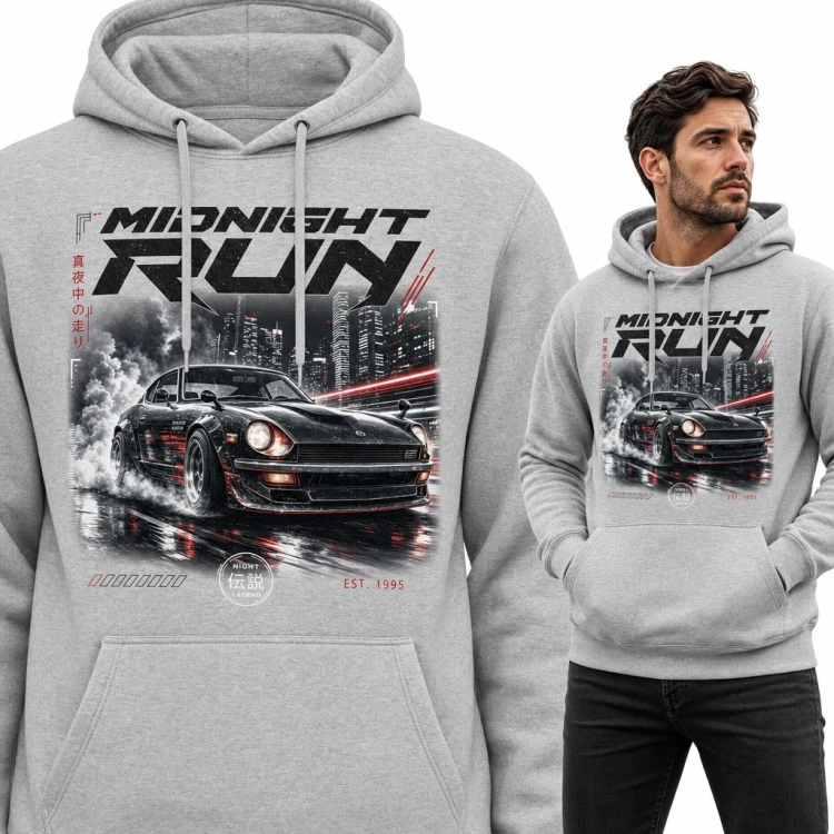 Bluza męska z kapturem - „Midnight Run” klasyczne japońskie auto JDM w nocnym Tokio