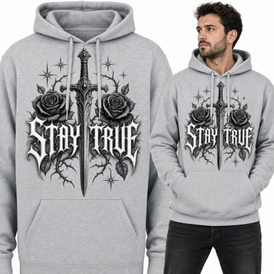 Bluza męska z kapturem „Stay True” - gotycki miecz wśród czarnych róż