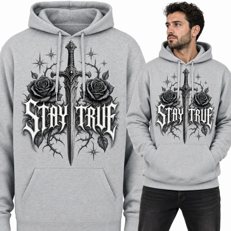 Bluza męska z kapturem „Stay True” - gotycki miecz wśród czarnych róż