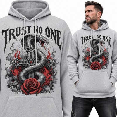 Bluza męska z kapturem - wąż na gotyckim krzyżu z różą i napisem „Trust no one”