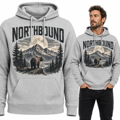 Bluza męska z kapturem - niedźwiedź grizzly w górach przy pełni księżyca „Northbound”
