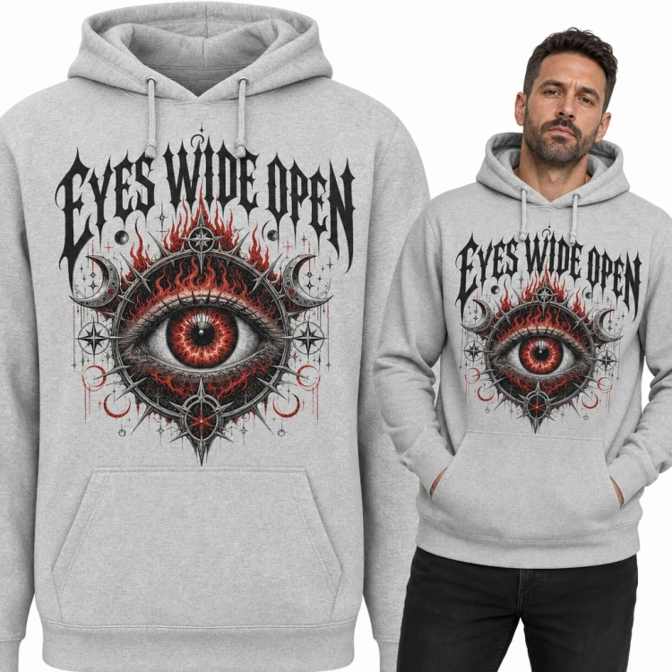 Bluza męska z kapturem „Eyes Wide Open” - gotyckie oko w płomieniach