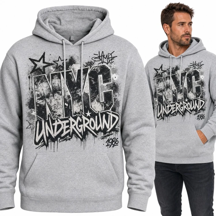 Bluza męska z kapturem - graffiti „NYC Underground” z gwiazdami i rokiem 1986
