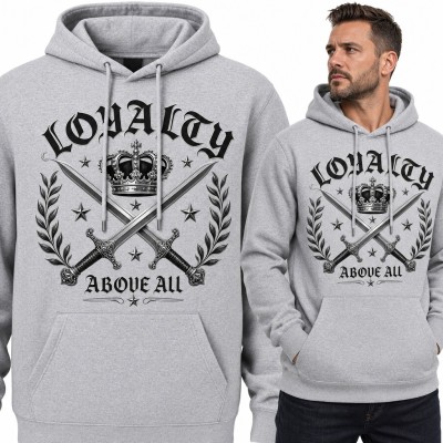 Bluza męska z kapturem - korona i skrzyżowane miecze „Loyalty above all”