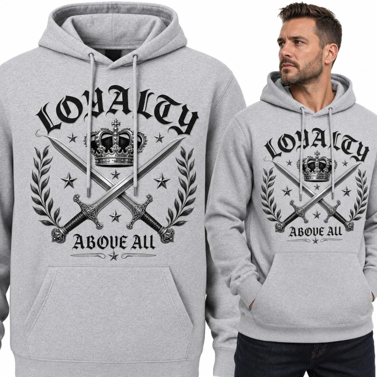 Bluza męska z kapturem - korona i skrzyżowane miecze „Loyalty above all”