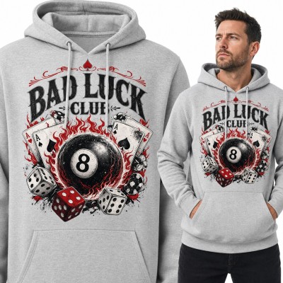 Bluza męska z kapturem - „Bad Luck Club” z płonącą bilą ósemką i kartami pokerowymi