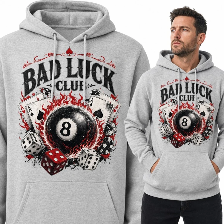 Bluza męska z kapturem - „Bad Luck Club” z płonącą bilą ósemką i kartami pokerowymi