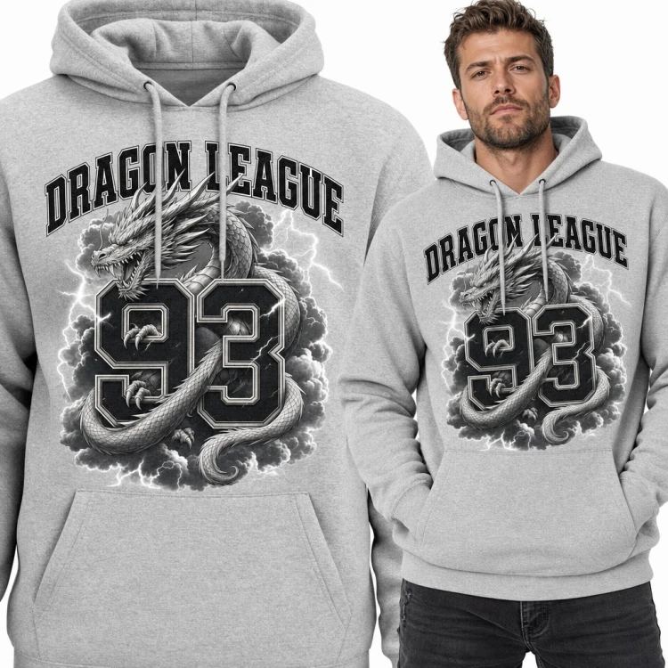 Bluza męska z kapturem - smok z numerem w stylu varsity „Dragon League 93”