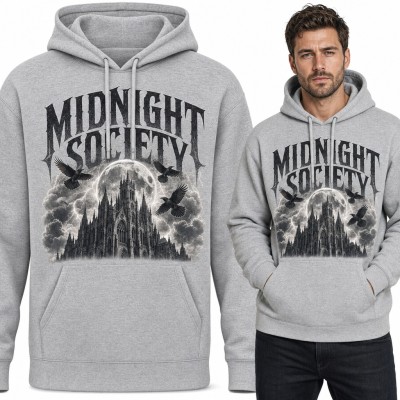 Bluza męska z kapturem „Midnight Society” - gotycka katedra i kruki w pełni księżyca