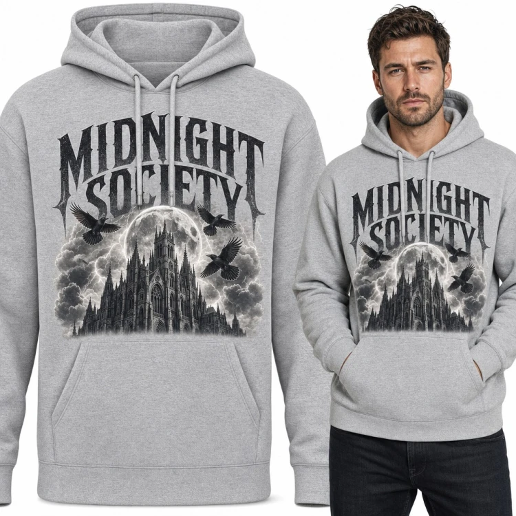 Bluza męska z kapturem „Midnight Society” - gotycka katedra i kruki w pełni księżyca