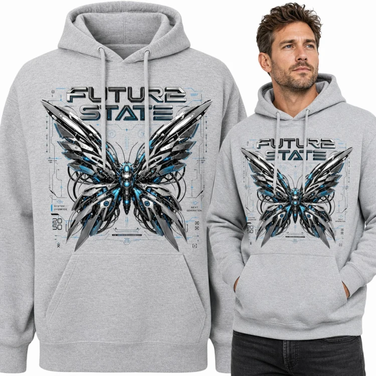 Bluza męska z kapturem - mechaniczny motyl cyberpunk „Future State”