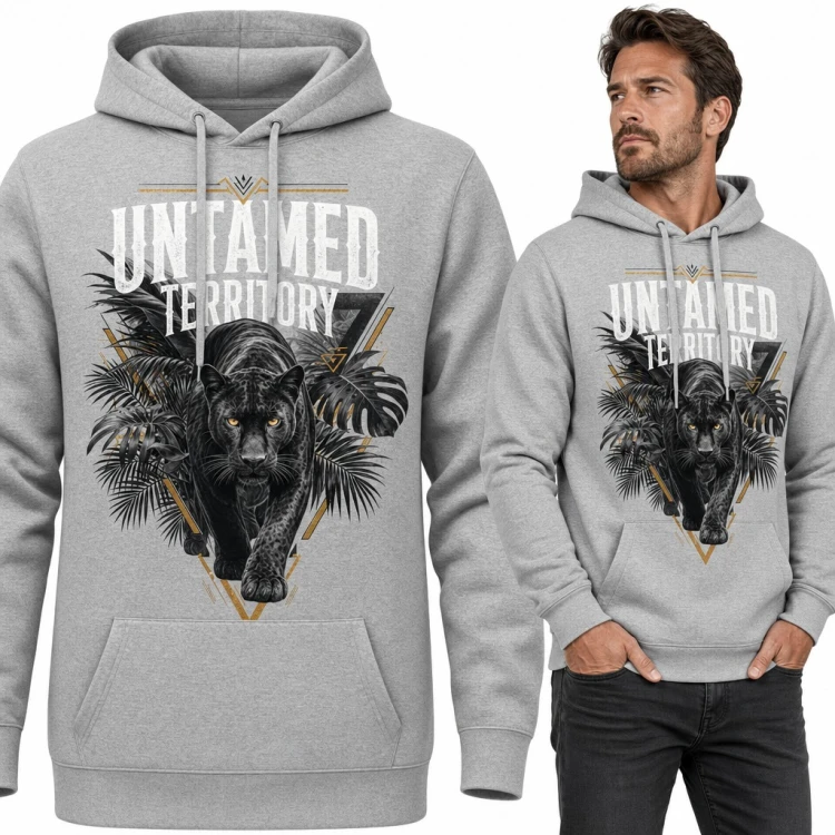 Bluza męska z kapturem - czarna pantera w dżungli „Untamed Territory”