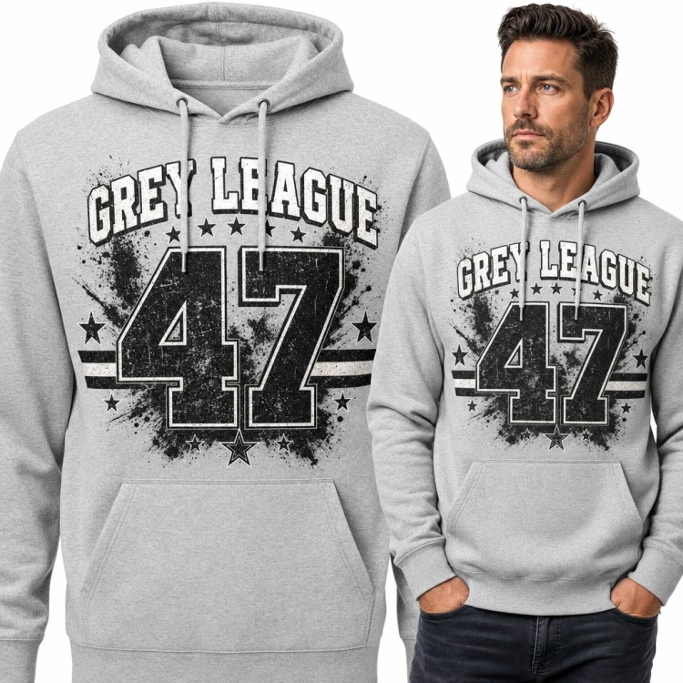 Bluza męska z kapturem - „Grey League 47” w stylu varsity z gwiazdami