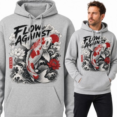 Bluza męska z kapturem - karp koi pod prąd wśród fal i lotosów „Flow against”