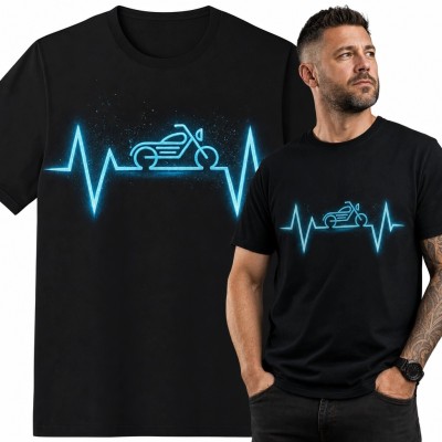 Koszulka męska z motocyklem i linią pulsu - neonowy motyw