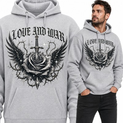 Bluza męska z kapturem - róża przebita mieczem ze skrzydłami „Love and War”