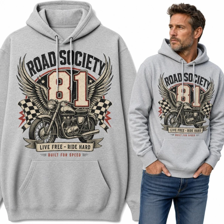 Bluza męska z kapturem „Road Society 81” - retro motocykl ze skrzydłami