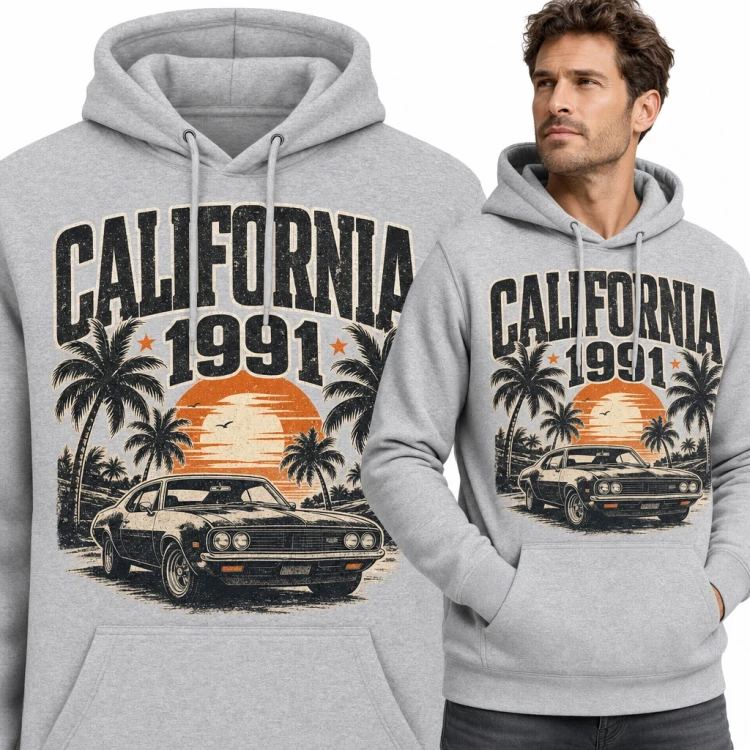 Bluza męska z kapturem „California 1991” - retro muscle car i palmy o zachodzie słońca