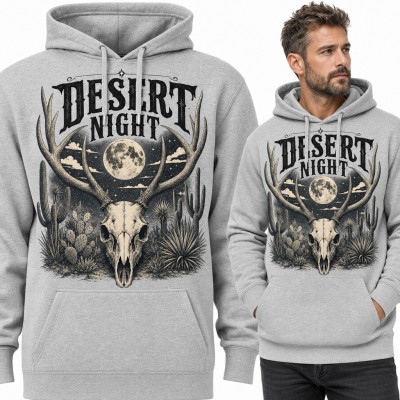 Bluza męska z kapturem - czaszka jelenia z porożem i pełnia nad pustynią „Desert Night”