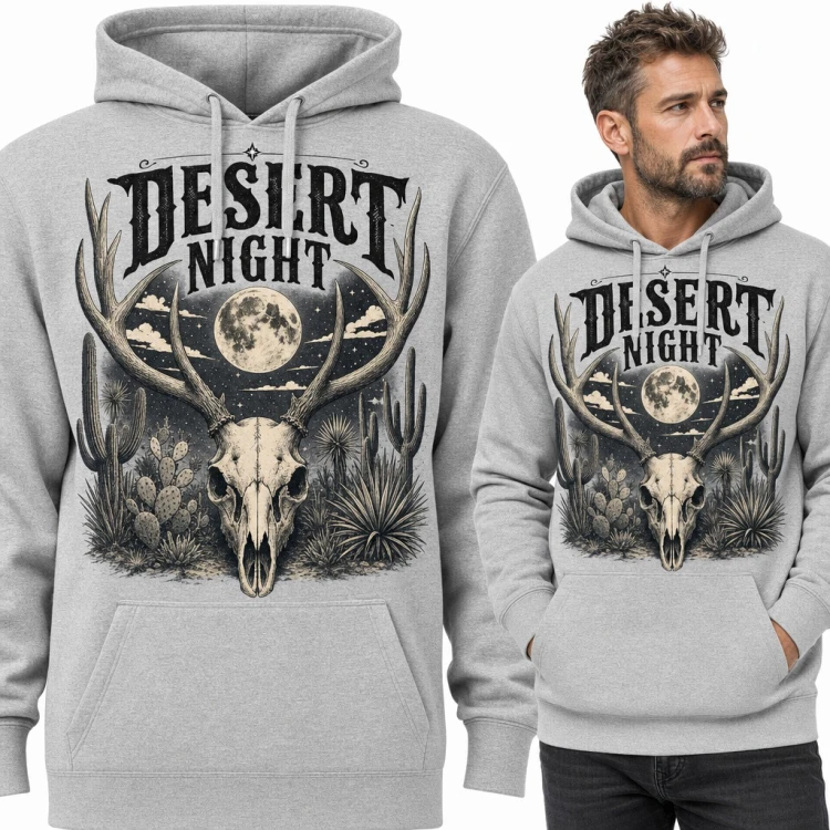 Bluza męska z kapturem - czaszka jelenia z porożem i pełnia nad pustynią „Desert Night”
