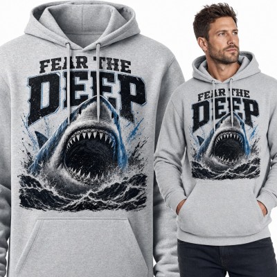 Bluza męska z kapturem - rekin z otwartą paszczą i napis „Fear the deep”