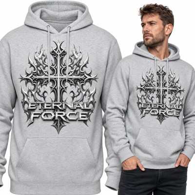 Bluza męska z kapturem - gotycki chromowany krzyż „Eternal Force” w stylu metalowym