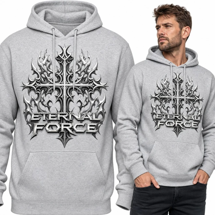 Bluza męska z kapturem - gotycki chromowany krzyż „Eternal Force” w stylu metalowym