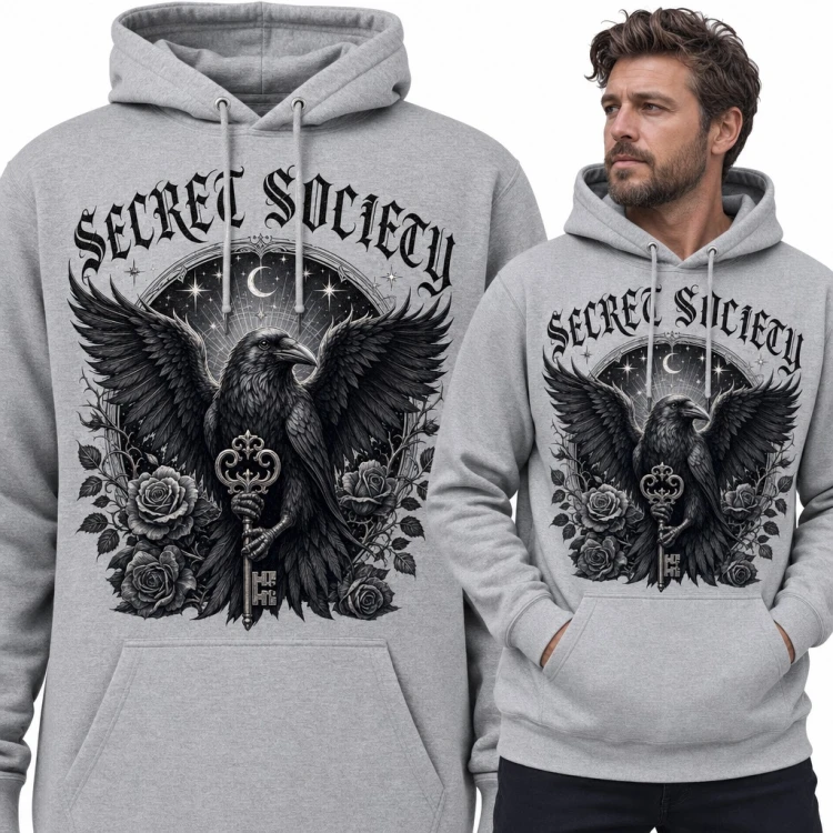 Bluza męska z kapturem - kruk z kluczem i różami „Secret Society”