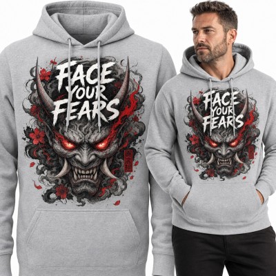 Bluza męska z kapturem - japoński demon oni z sakurą i napisem „Face your fears”