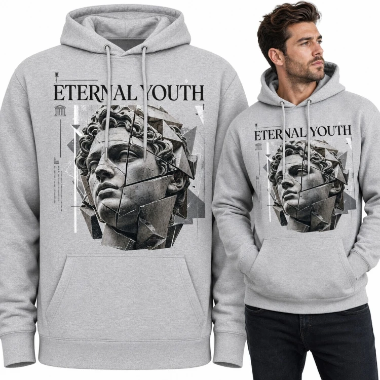 Bluza męska z kapturem - antyczne popiersie z geometrycznych odłamków „Eternal Youth”