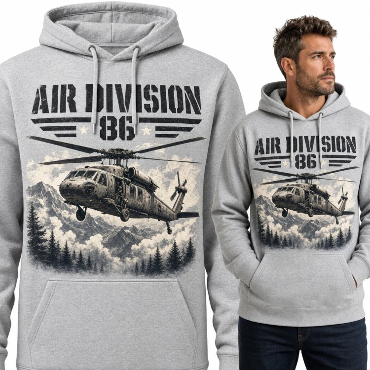 Bluza męska z kapturem - śmigłowiec wojskowy nad górami „Air Division 86”