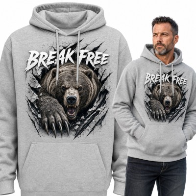Bluza męska z kapturem - grizzly z pazurami wyrywający się z muru „Break free”